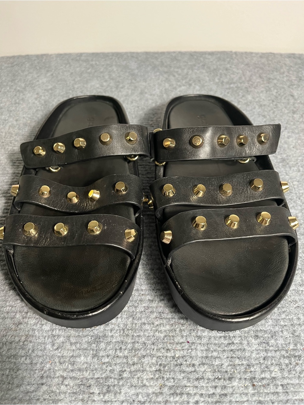 gentle souls Black Leather Studded Slide Sandals with Gold Accents